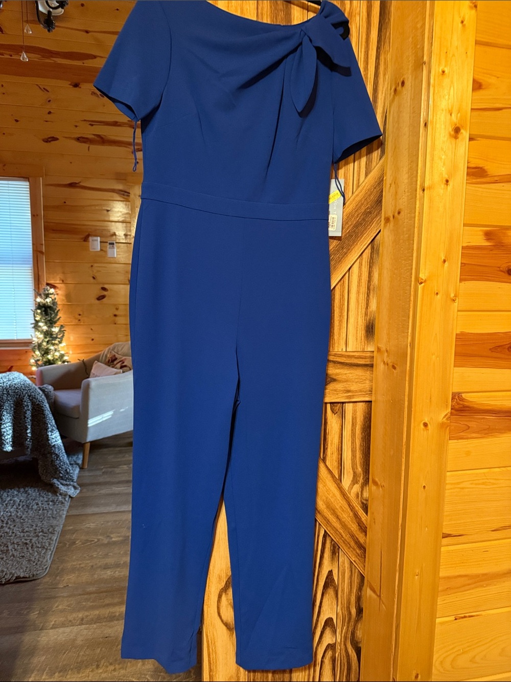London Times Navy One-Shoulder Bow-Accent Jumpsuit